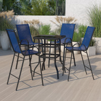 Flash Furniture TLH-073H092H4-NV-GG Outdoor Dining Set - 4-Person Bistro Set - Outdoor Glass Bar Table with Navy All-Weather Patio Stools